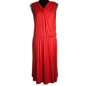 Loft Pull On Comfortable Waisted Dress in Orange Rayon / Spandex V-Neck sz L